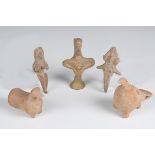 A group of three Indus Valley style terracotta votive figures, heights 10cm and 8.5cm, together with