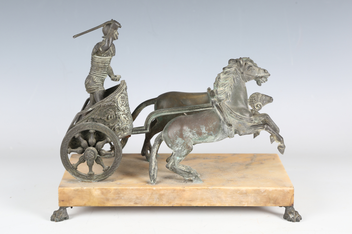 A late 19th century patinated cast bronze model depicting a Roman horse-drawn chariot above a - Image 7 of 17