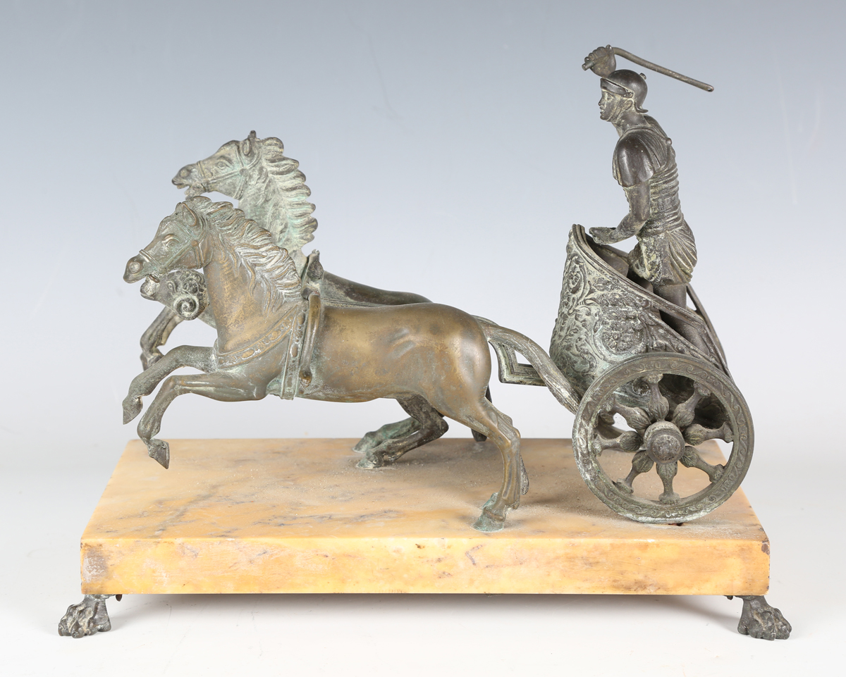 A late 19th century patinated cast bronze model depicting a Roman horse-drawn chariot above a - Image 17 of 17
