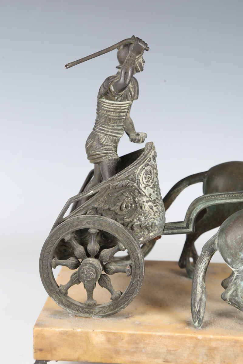 A late 19th century patinated cast bronze model depicting a Roman horse-drawn chariot above a - Image 4 of 17