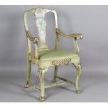 An early 20th century Queen Anne style green painted splat back elbow chair, height 102cm, width