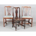 An early 18th century oak side chair with vase back and panelled seat, width 49cm, together with a