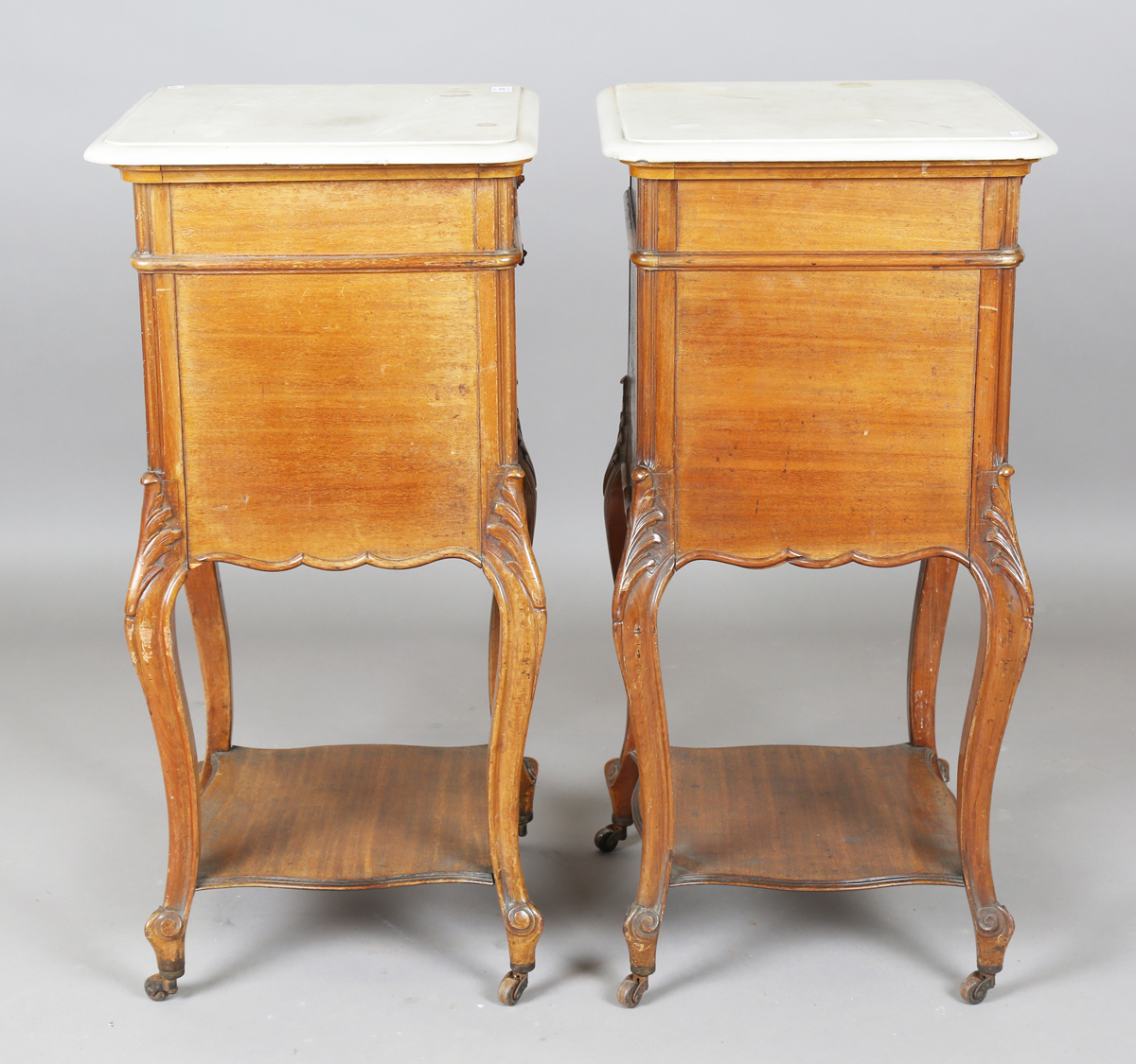 A pair of early 20th century French mahogany and white marble-topped beside cabinets, each fitted - Image 4 of 20