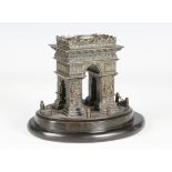 A late 19th/early 20th century brown patinated cast bronze model of the Arc de Triomphe, raised on