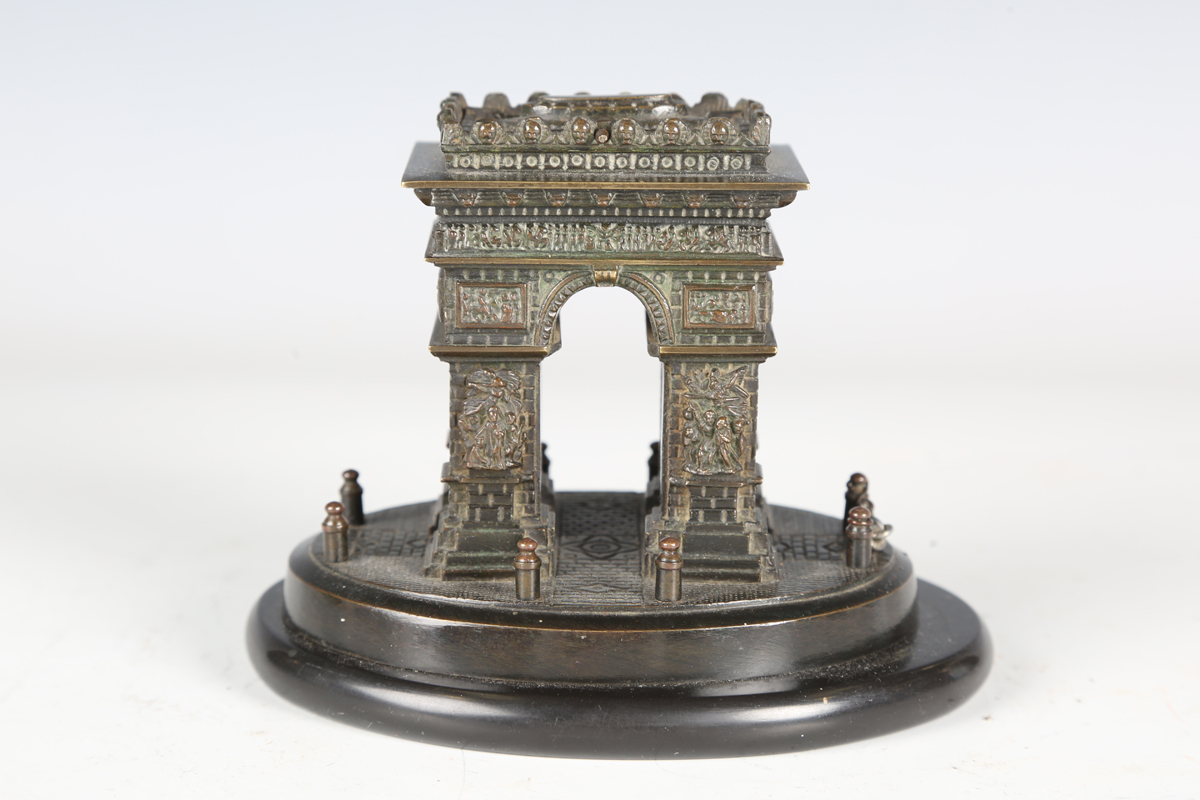 A late 19th/early 20th century brown patinated cast bronze model of the Arc de Triomphe, raised on - Image 9 of 9