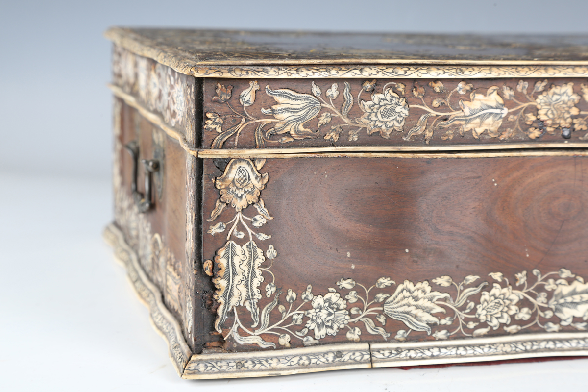 A late 18th century Indo-Portuguese hardwood and ivory inlaid workbox, the serpentine shaped lid - Image 16 of 16