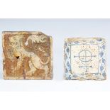 A medieval encaustic tile, probably 15th century, decorated with a lion rampant, 12.3cm x 12.2cm,