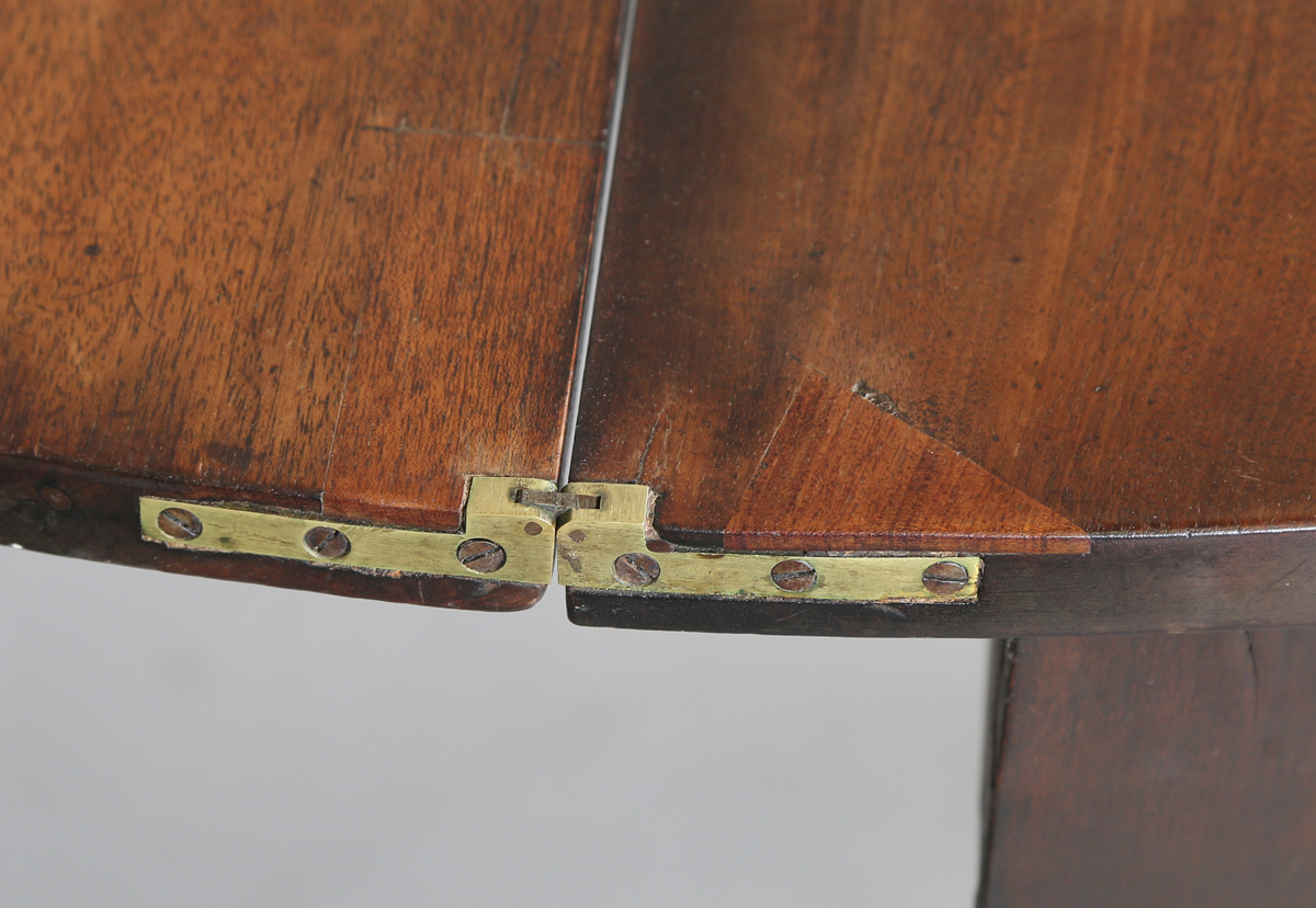 An early 19th century mahogany demi-lune fold-over tea table, raised on block legs, height 76cm, - Image 3 of 7