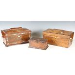 An early Victorian rosewood and mother-of-pearl inlaid tea caddy of sarcophagus form, width 33cm,