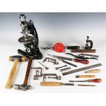 A group of geologist's equipment, including a compound microscope by J. Swift, two other microscopes