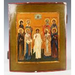 A Russian School painted icon depicting the Guardian Angel flanked by saints and martyrs beneath the