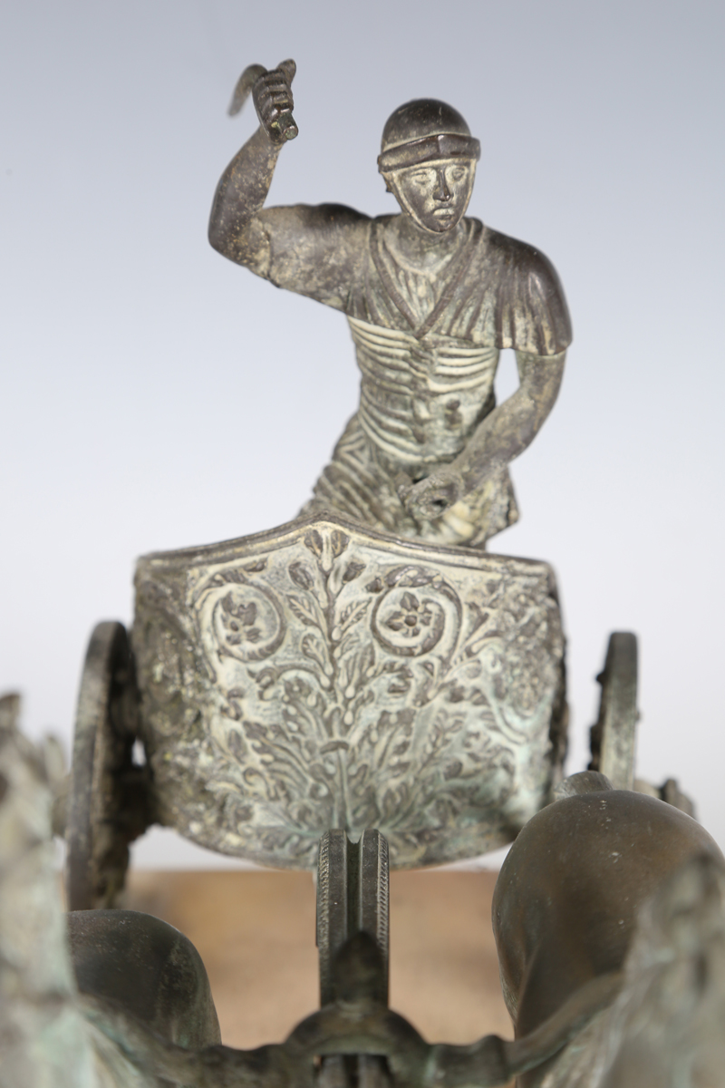 A late 19th century patinated cast bronze model depicting a Roman horse-drawn chariot above a - Image 9 of 17