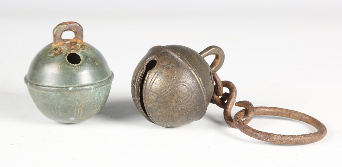 Two late 18th/early 19th century patinated bronze crotal bells by Robert Wells of Aldbourne Foundry,