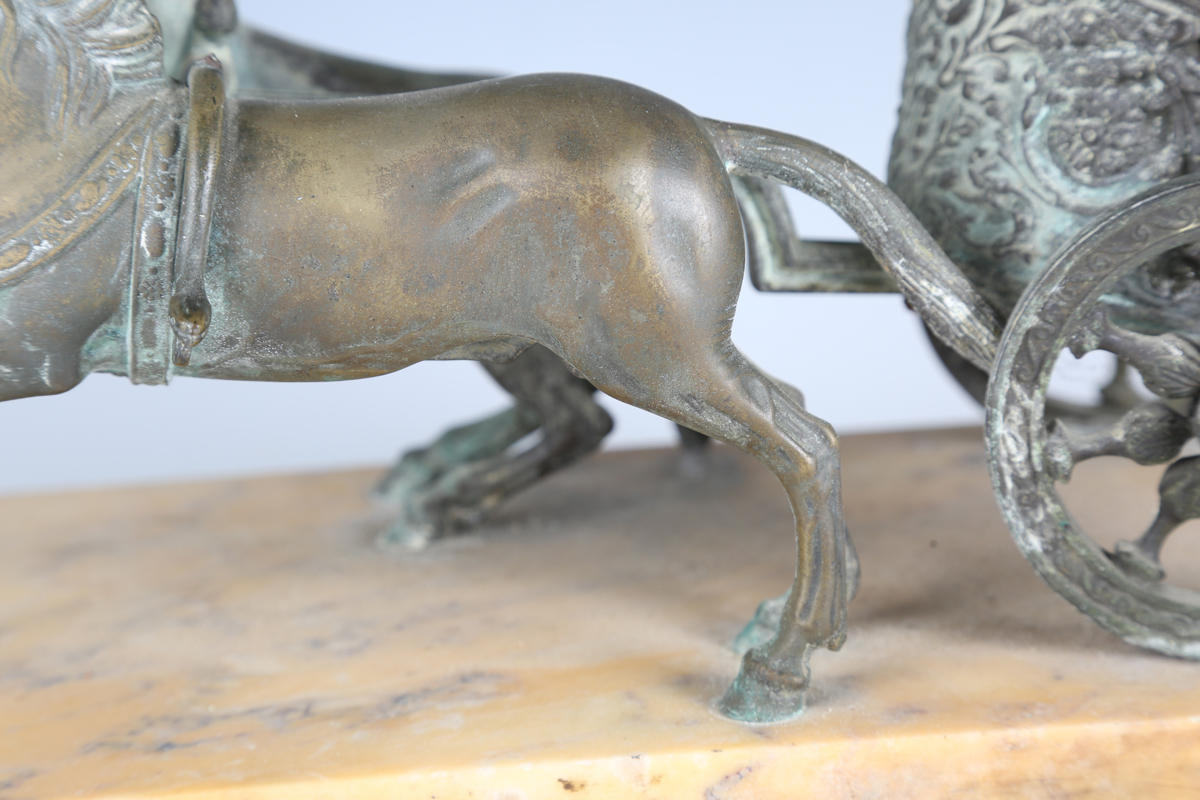 A late 19th century patinated cast bronze model depicting a Roman horse-drawn chariot above a - Image 12 of 17