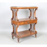 A mid-Victorian rosewood three-tier whatnot, fitted with a brass three-quarter gallery and a drawer,