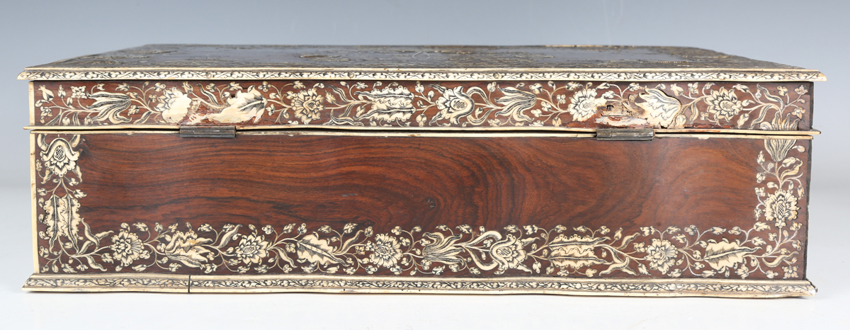 A late 18th century Indo-Portuguese hardwood and ivory inlaid workbox, the serpentine shaped lid - Image 4 of 16