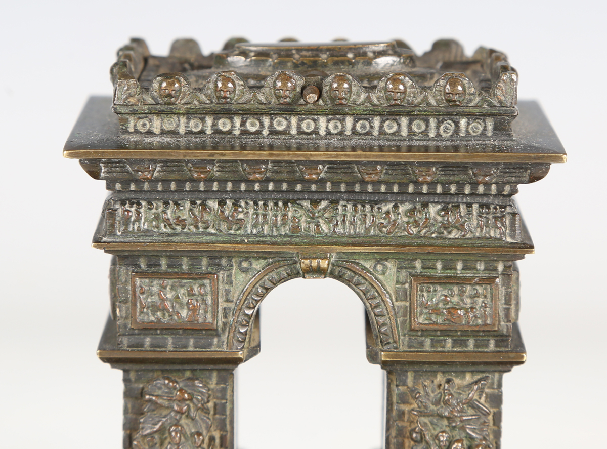 A late 19th/early 20th century brown patinated cast bronze model of the Arc de Triomphe, raised on - Image 8 of 9