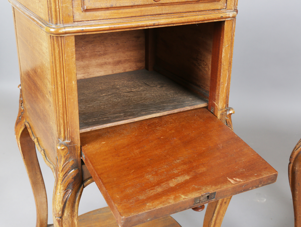 A pair of early 20th century French mahogany and white marble-topped beside cabinets, each fitted - Image 16 of 20