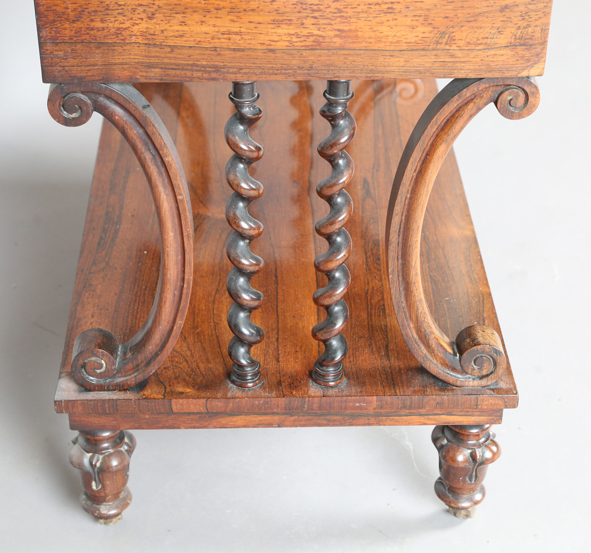 A mid-Victorian rosewood three-tier whatnot, fitted with a brass three-quarter gallery and a drawer, - Image 3 of 9