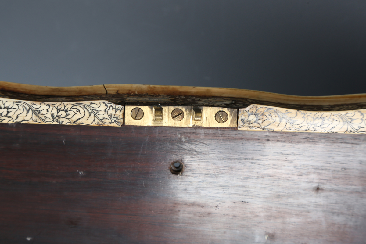 A late 18th century Indo-Portuguese hardwood and ivory inlaid workbox, the serpentine shaped lid - Image 11 of 16