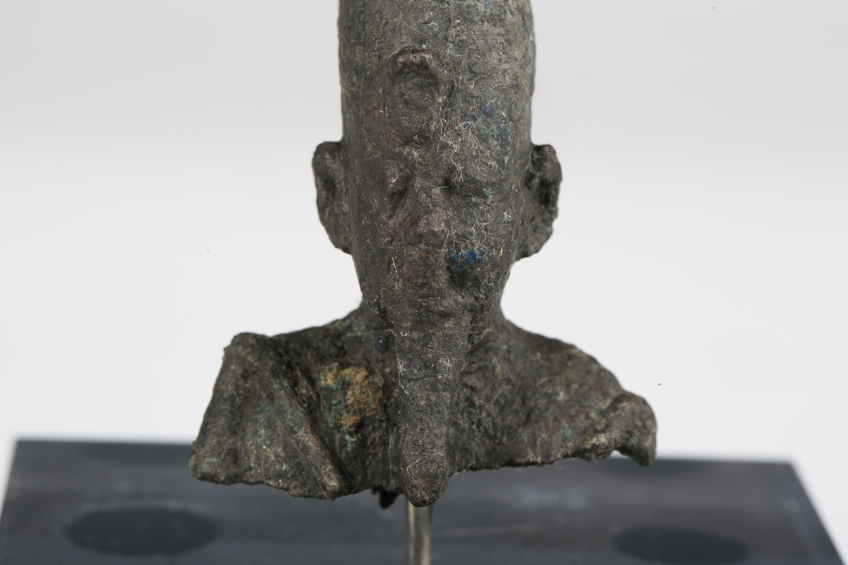 An Egyptian bronze head and shoulders bust of Osiris, height 6.5cm, mounted within a detailed - Image 8 of 8