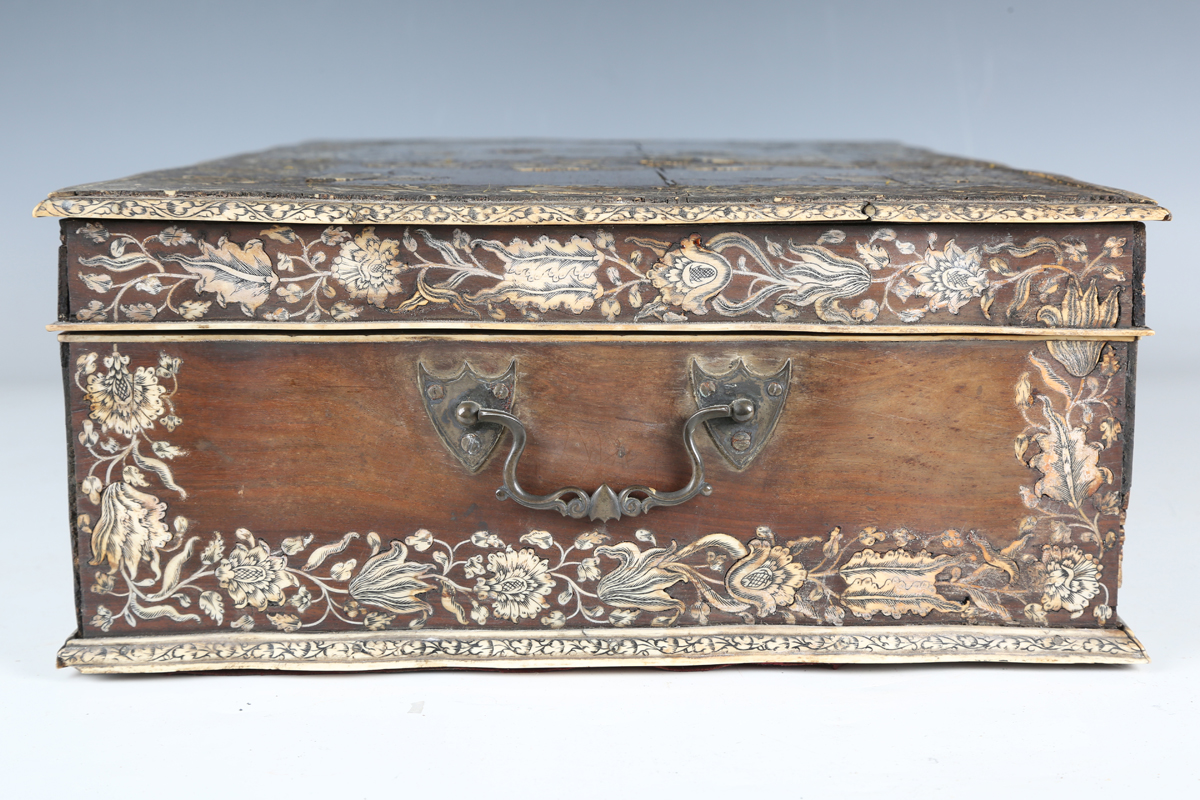 A late 18th century Indo-Portuguese hardwood and ivory inlaid workbox, the serpentine shaped lid - Image 5 of 16