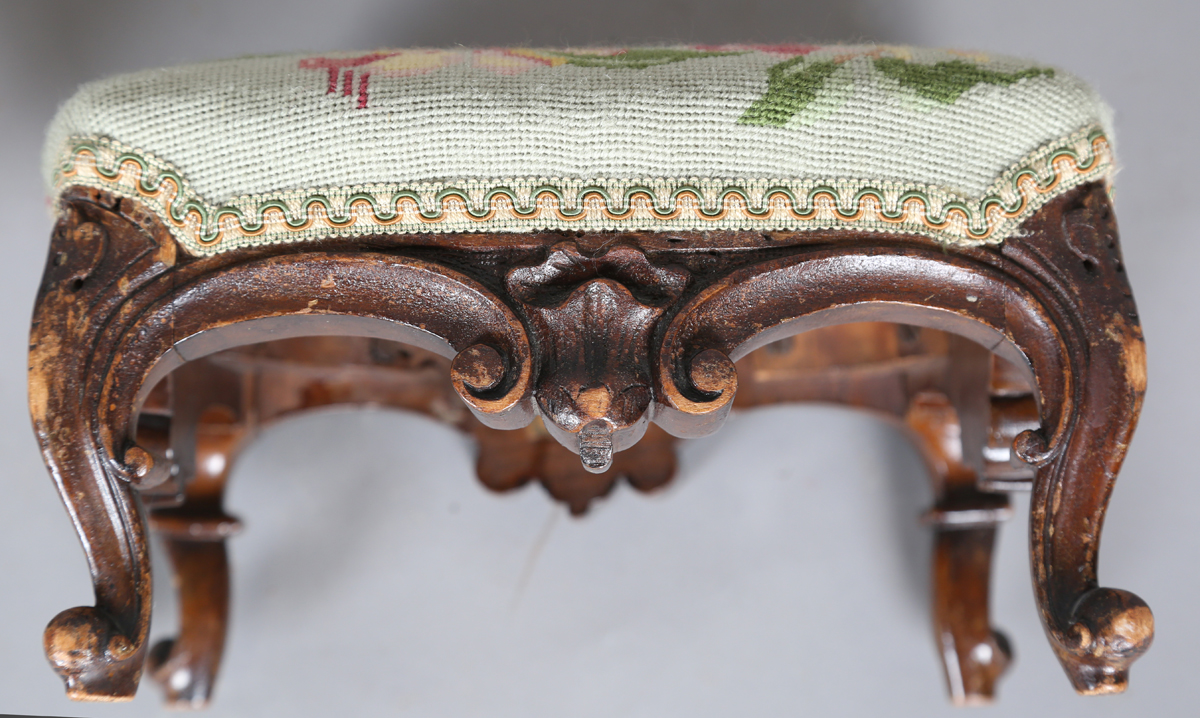 A pair of late Victorian walnut footstools, each with a needlework top, on carved legs, height 16cm, - Image 6 of 7