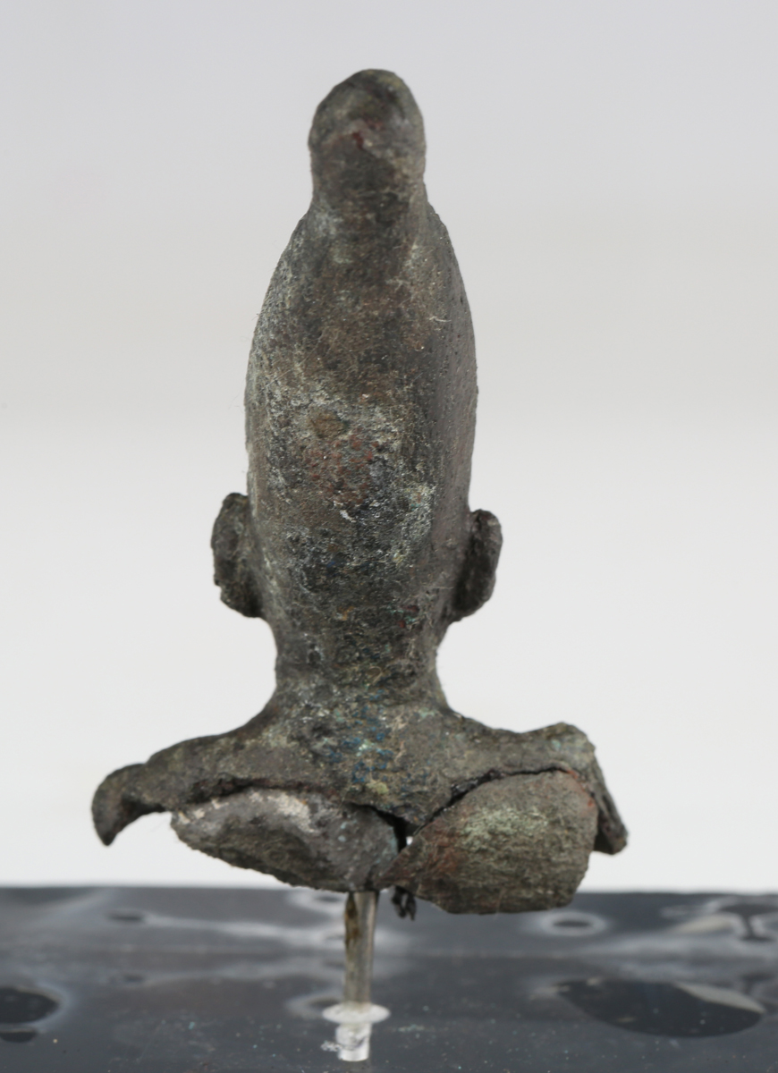 An Egyptian bronze head and shoulders bust of Osiris, height 6.5cm, mounted within a detailed - Image 5 of 8