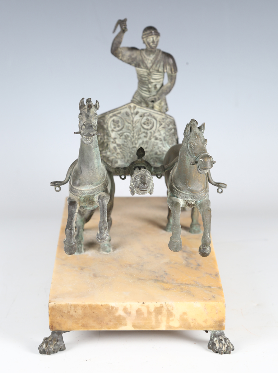 A late 19th century patinated cast bronze model depicting a Roman horse-drawn chariot above a - Image 10 of 17