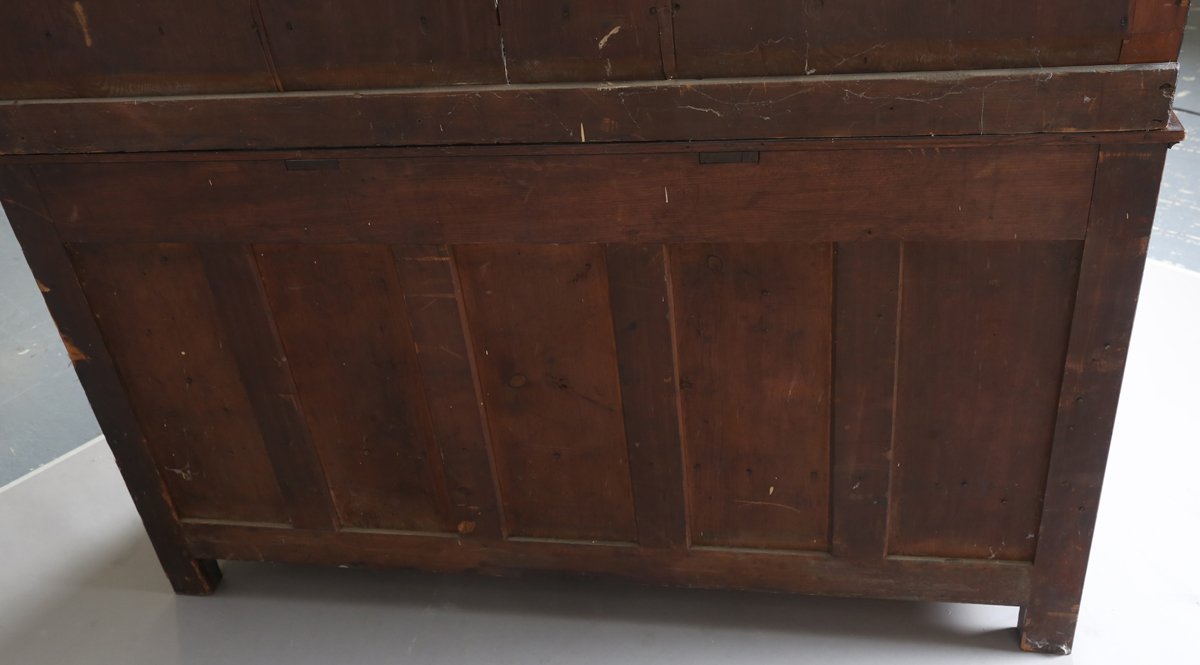 A late George III provincial oak dresser, the shelf back with blue painted backboards, the base with - Image 3 of 9