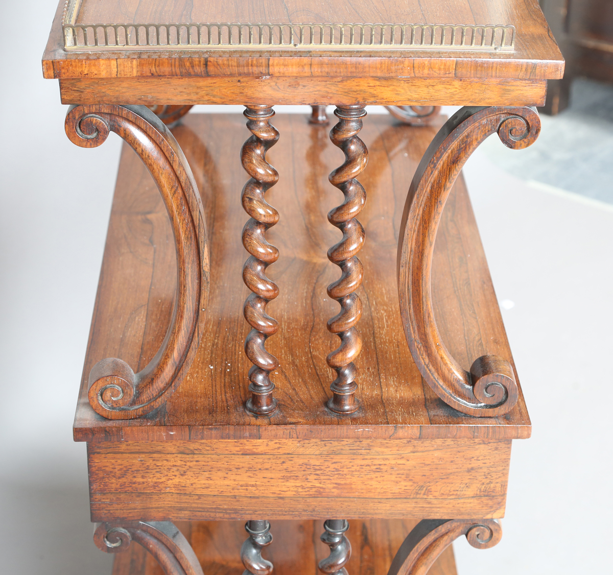 A mid-Victorian rosewood three-tier whatnot, fitted with a brass three-quarter gallery and a drawer, - Image 5 of 9