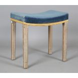 An Elizabeth II limed oak Coronation stool with blue velvet seat, the seat rail branded 'E.R.