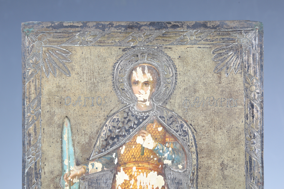 A late 19th/early 20th century Greek icon depicting Saint Agios Fanourios, the painted wood plaque - Image 7 of 7