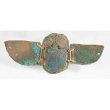 An Egyptian faience winged scarab beetle, probably Late Period, circa 664-332 BC, the body and two
