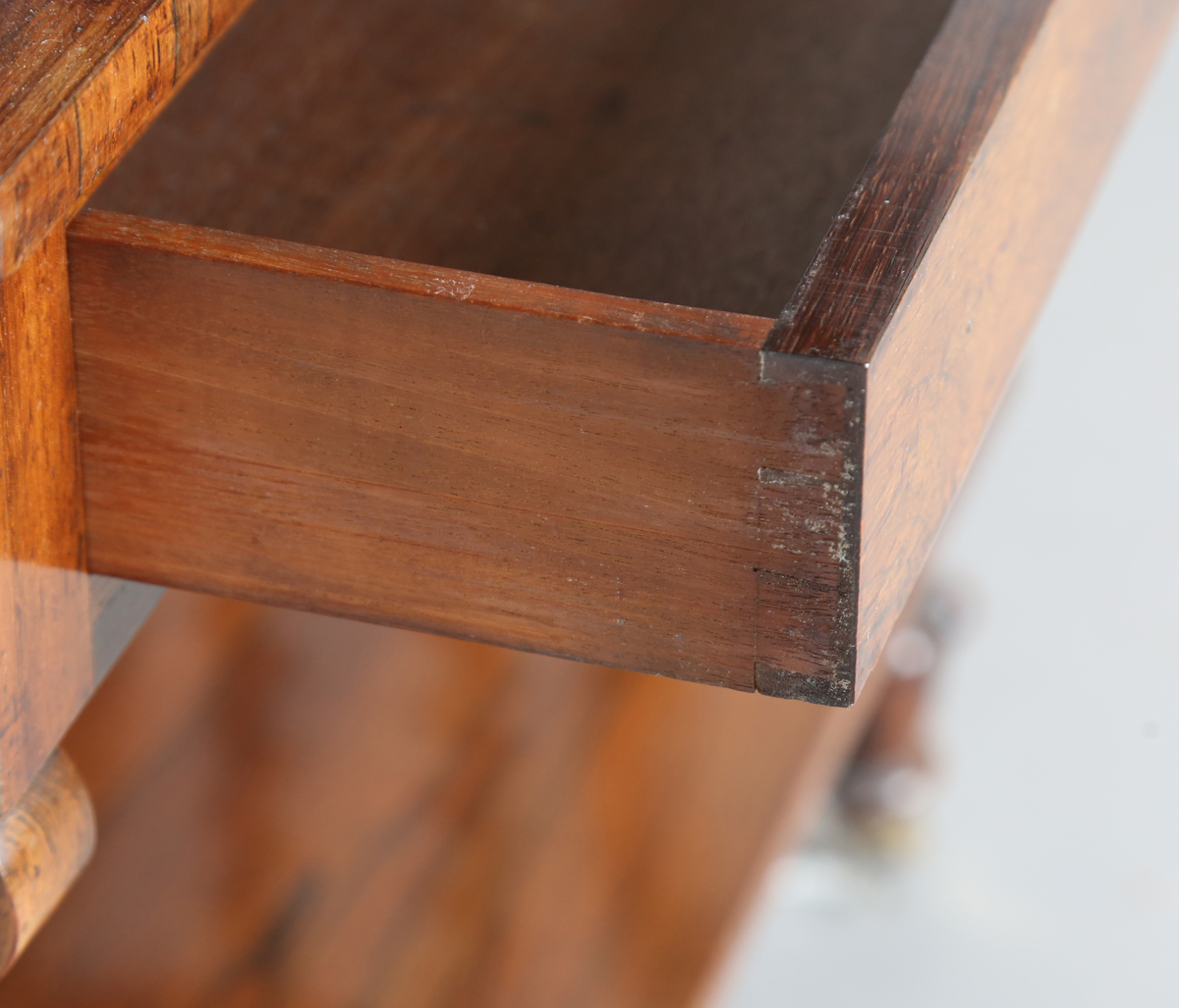 A mid-Victorian rosewood three-tier whatnot, fitted with a brass three-quarter gallery and a drawer, - Image 6 of 9