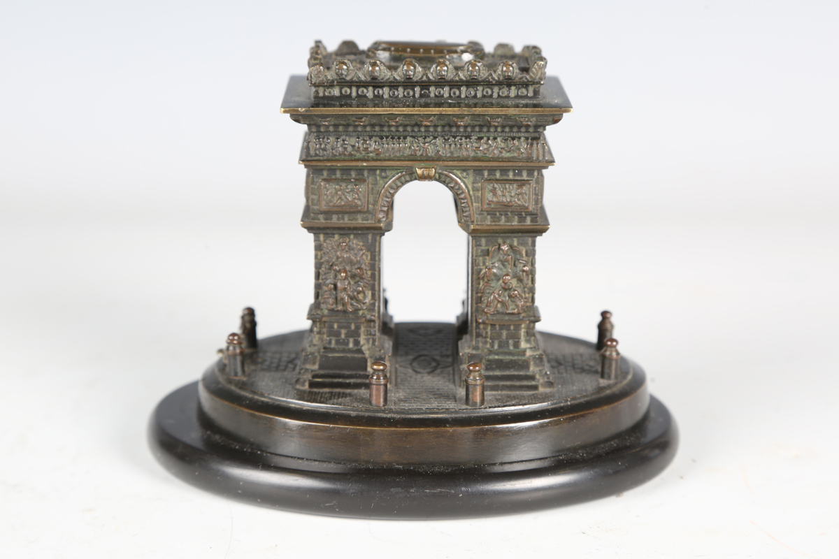 A late 19th/early 20th century brown patinated cast bronze model of the Arc de Triomphe, raised on - Image 5 of 9