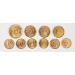A group of ten Iranian gold coins, comprising one pahlavi, three half-pahlavi and six quarter-