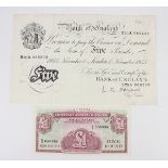 A Bank of England white five pounds note, dated 'London November 1st 1955', Chief Cashier L.K. O'