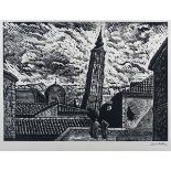 Leopoldo Mendez - Vista de Zaragoza, linocut, signed in pencil, published 1953, sheet size 49cm x