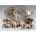 A collection of assorted plated items, including a set of four Victorian circular salts, two wine