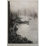 William Lionel Wyllie - River Thames towards Tower Bridge, late 19th/early 20th century etching,