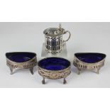 A pair of George III silver oval salts, each with blue glass liner, on scroll feet, London 1795 by