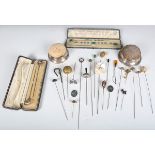 A quantity of Edwardian and later hat pins, including a pair of Art Nouveau silver hat pins by