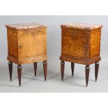 A pair of early 20th century French burr walnut marble-topped bedside cabinets by Krieger, Paris,