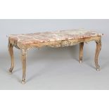 A 20th century Continental carved walnut rectangular coffee table with a rouge marble top, height