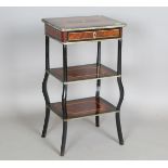 A late 19th century French ebonized and amboyna three-tier work table with overall gilt metal