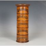 A Victorian turned treen five-section spice tower, each section with detailed scroll label, height