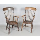 A near pair of late 19th century ash and elm stick back Windsor armchairs, height 108cm, width