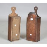 A George III oak hanging candle box with sliding lid, length 42cm, width 15cm, together with a