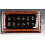An Edwardian mahogany framed servant's bell indicator, the verre églomisé front detailed 'Drake &